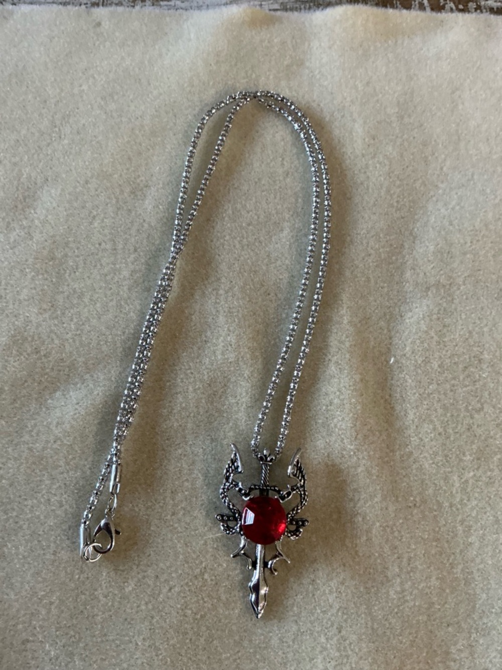 Silver Tone Pendant Necklace with Red stone, 26”